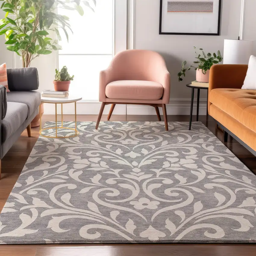Gray And Ivory Floral Washable Area Rug With UV Protection Photo 5