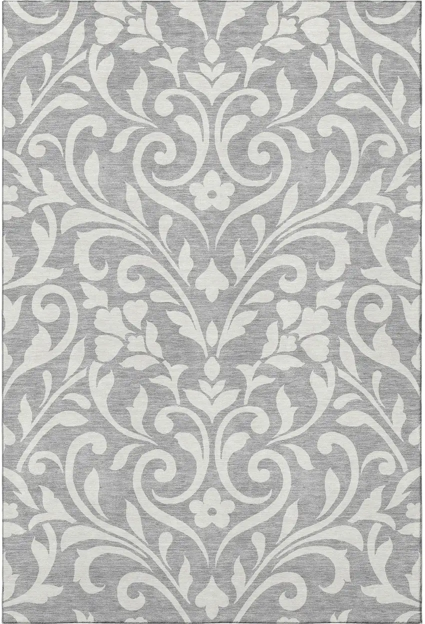 Gray And Ivory Floral Washable Area Rug With UV Protection Photo 4