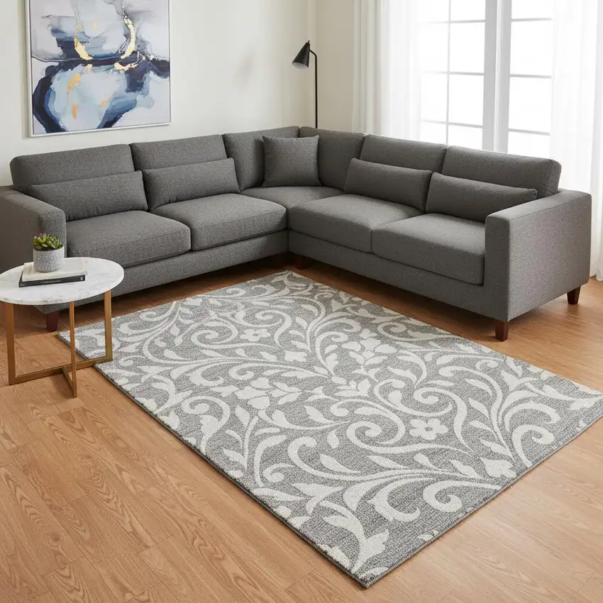 Gray And Ivory Floral Washable Area Rug With UV Protection Photo 2