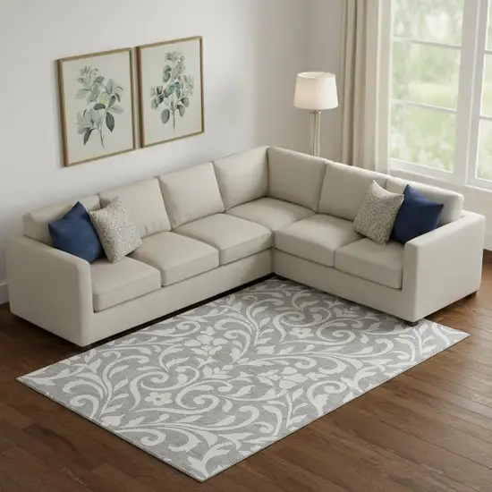 Gray And Ivory Floral Washable Area Rug With UV Protection Photo 1