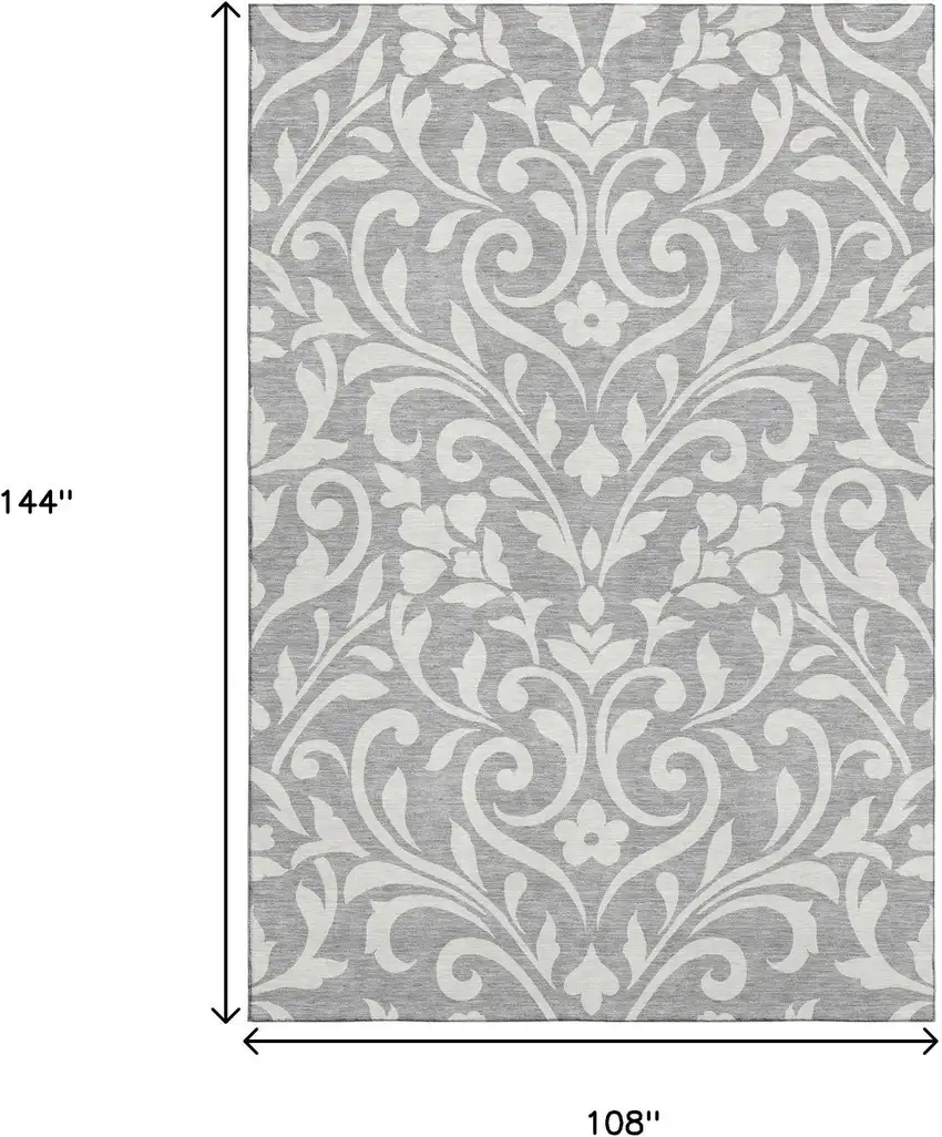 Gray And Ivory Floral Washable Area Rug With UV Protection Photo 9