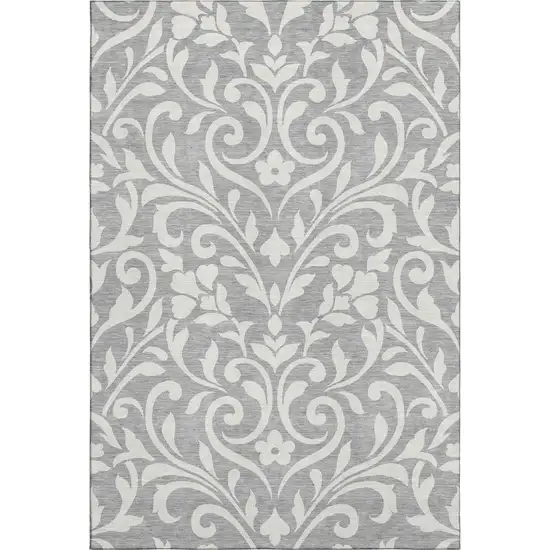 Gray And Ivory Floral Washable Area Rug With UV Protection Photo 1