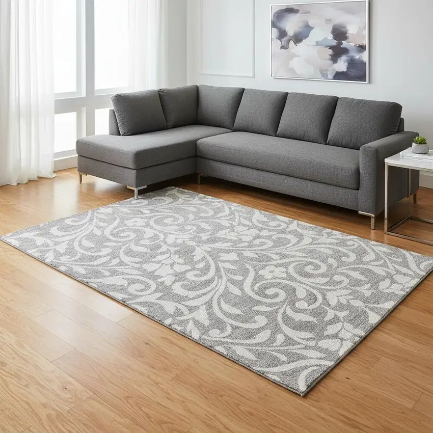 Gray And Ivory Floral Washable Area Rug With UV Protection Photo 2