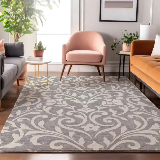 Gray And Ivory Floral Washable Area Rug With UV Protection Photo 5
