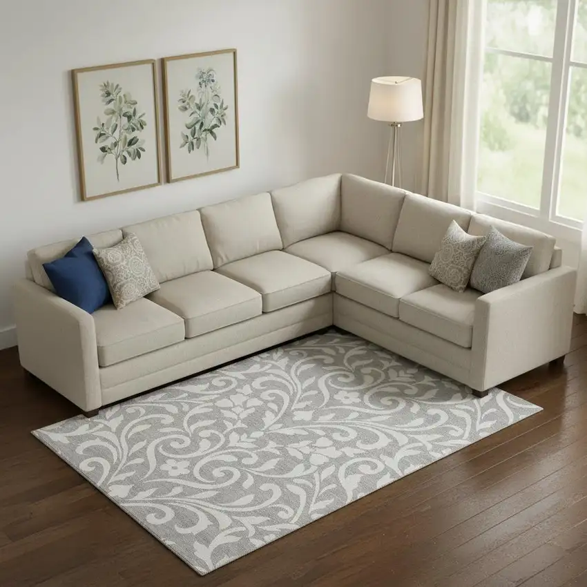 Gray And Ivory Floral Washable Area Rug With UV Protection Photo 1
