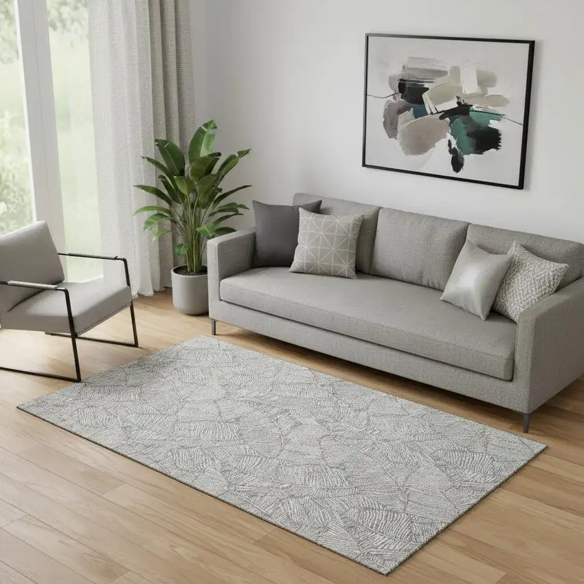 Gray And Ivory Floral Washable Area Rug With UV Protection Photo 1