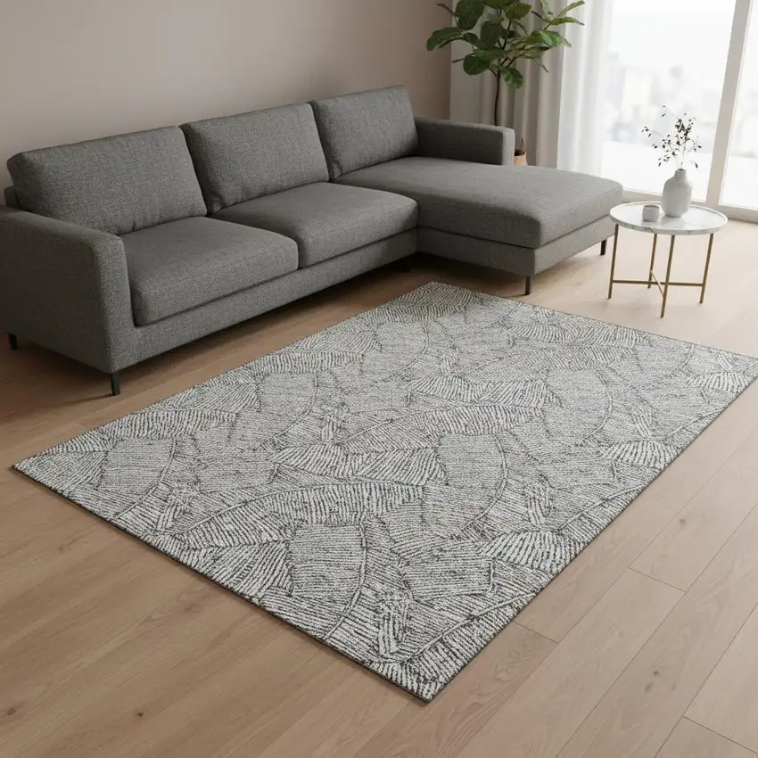 Gray And Ivory Floral Washable Area Rug With UV Protection Photo 2