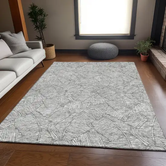 Gray And Ivory Floral Washable Area Rug With UV Protection Photo 5