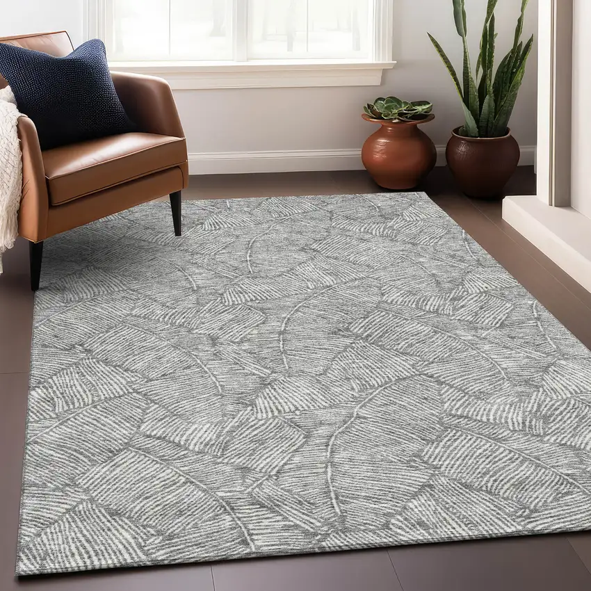 Gray And Ivory Floral Washable Area Rug With UV Protection Photo 4