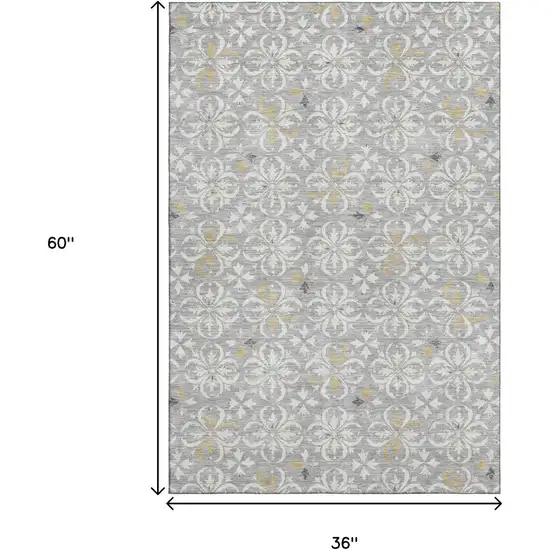 Gray And Ivory Floral Washable Area Rug With UV Protection Photo 3