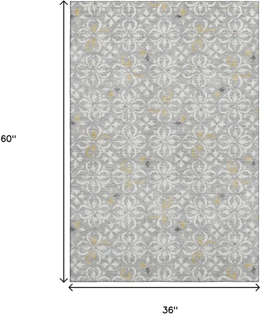 Gray And Ivory Floral Washable Area Rug With UV Protection Photo 3