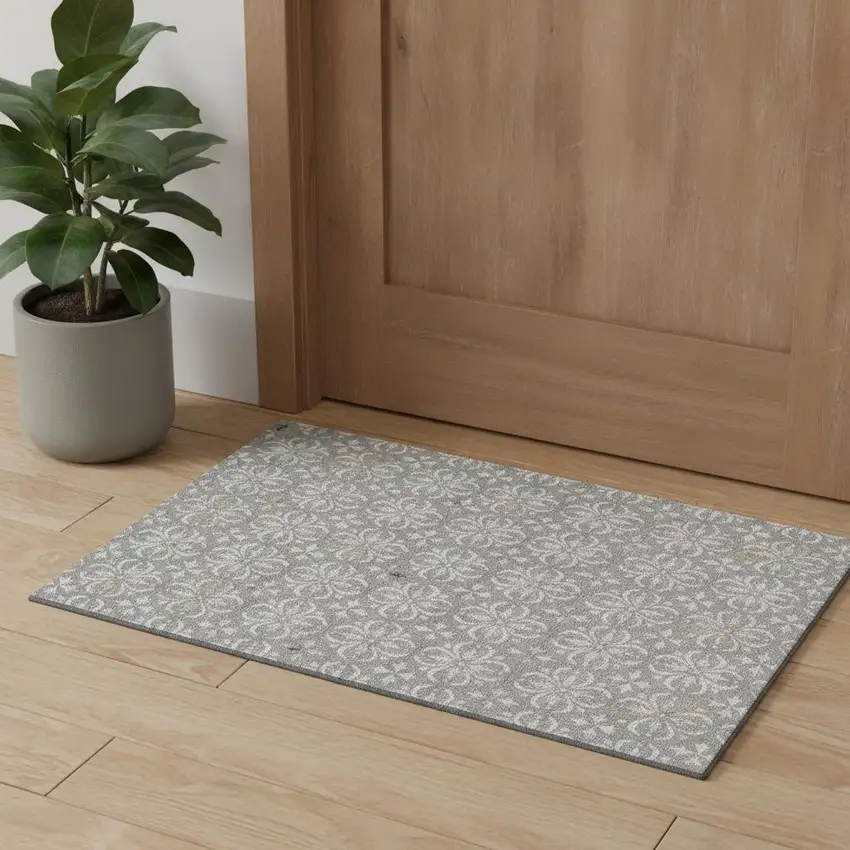 Gray And Ivory Floral Washable Area Rug With UV Protection Photo 1