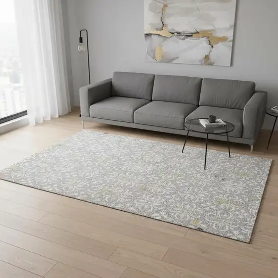 Gray And Ivory Floral Washable Area Rug With UV Protection Photo 2