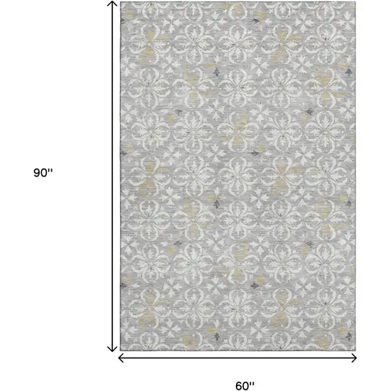 Gray And Ivory Floral Washable Area Rug With UV Protection Photo 9