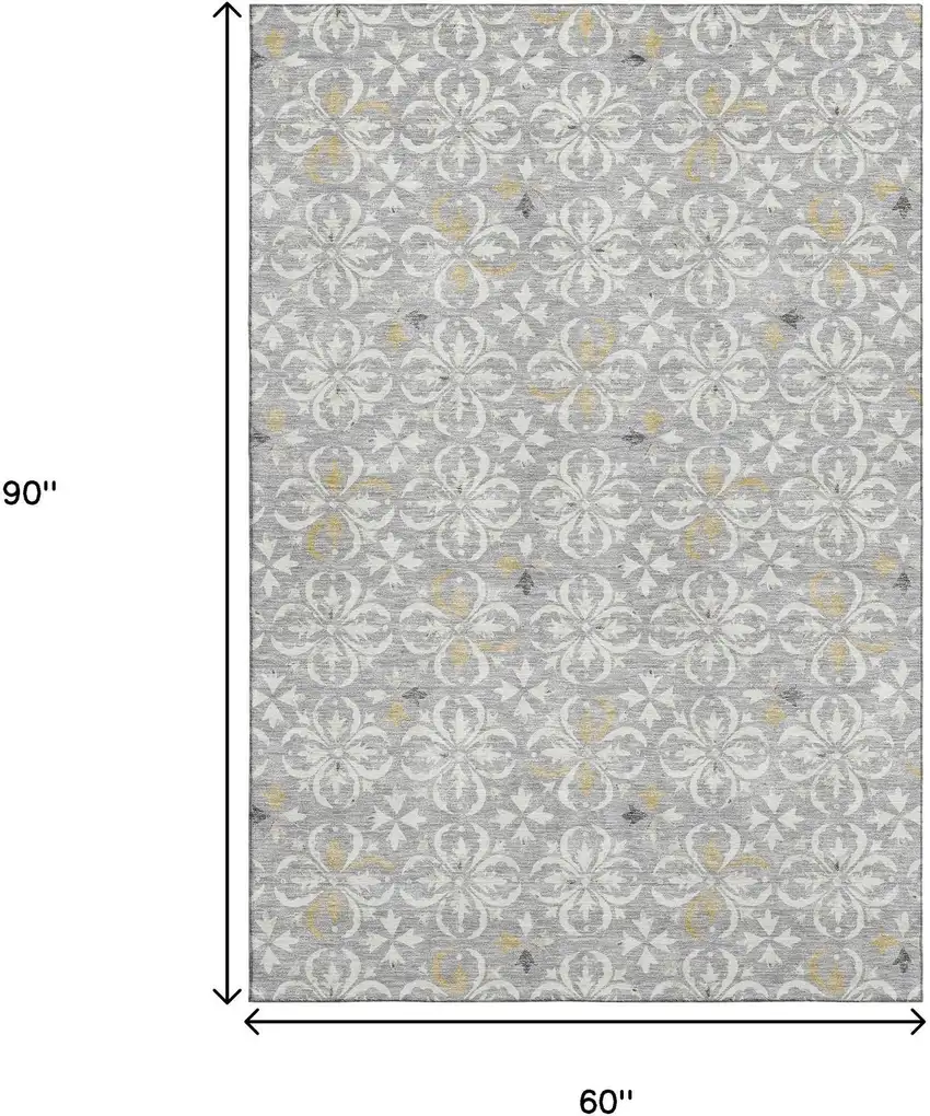 Gray And Ivory Floral Washable Area Rug With UV Protection Photo 9