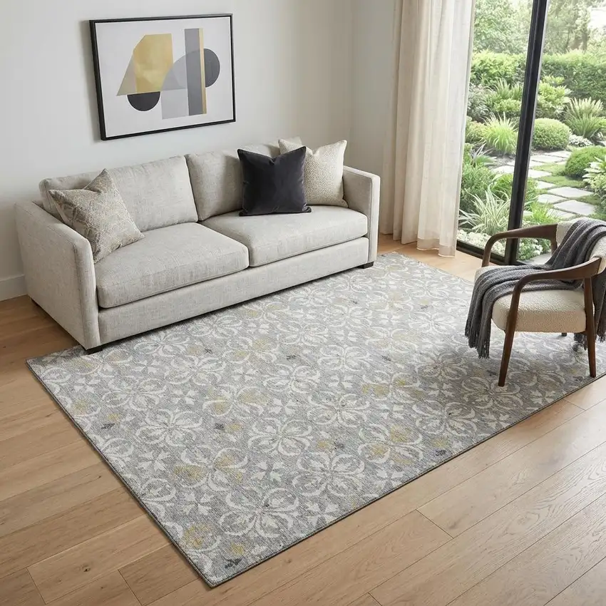 Gray And Ivory Floral Washable Area Rug With UV Protection Photo 1