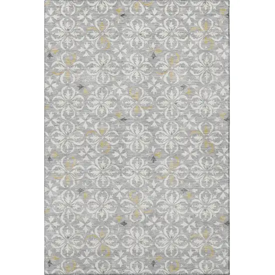 Gray And Ivory Floral Washable Area Rug With UV Protection Photo 3