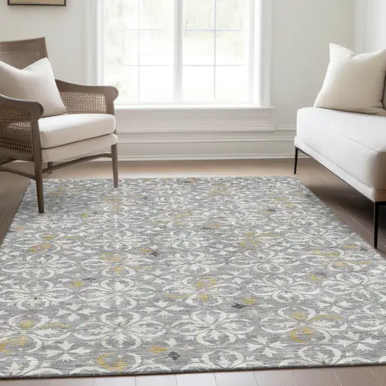 Gray And Ivory Floral Washable Area Rug With UV Protection Photo 5