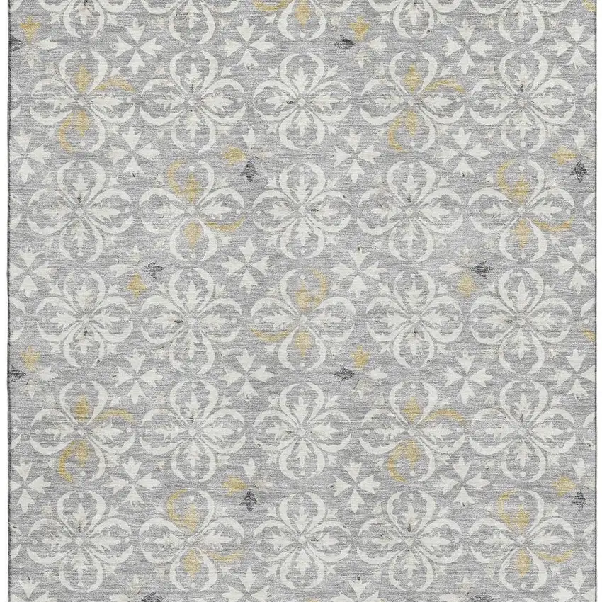 Gray And Ivory Floral Washable Area Rug With UV Protection Photo 2