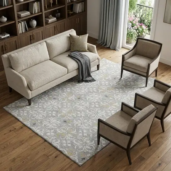 Gray And Ivory Floral Washable Area Rug With UV Protection Photo 1