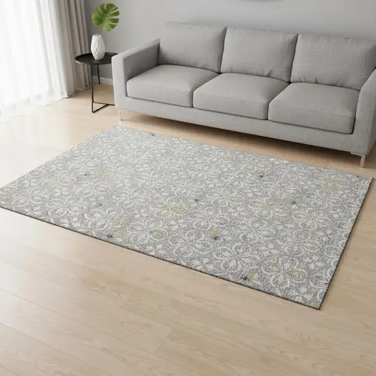 Gray And Ivory Floral Washable Area Rug With UV Protection Photo 2
