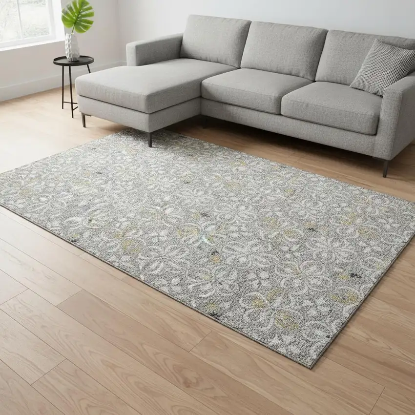 Gray And Ivory Floral Washable Area Rug With UV Protection Photo 2