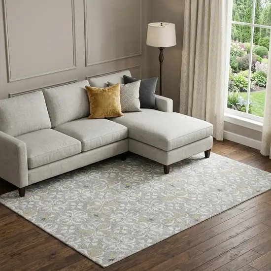 Gray And Ivory Floral Washable Area Rug With UV Protection Photo 1