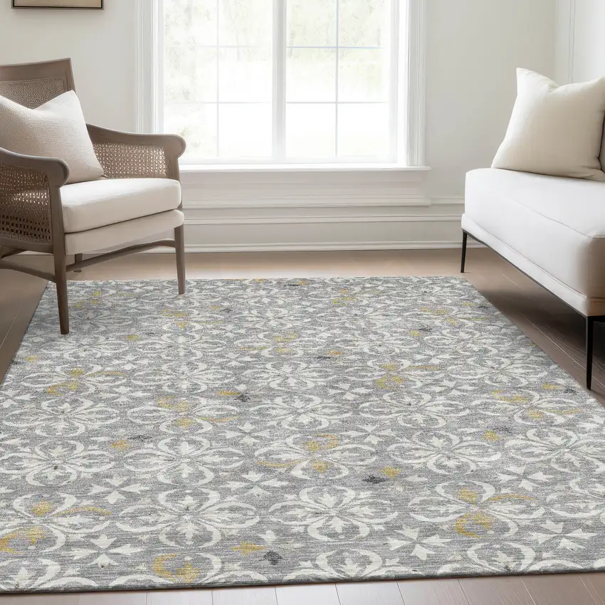 Gray And Ivory Floral Washable Area Rug With UV Protection Photo 5
