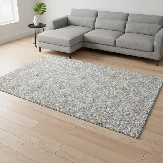Gray And Ivory Floral Washable Area Rug With UV Protection Photo 2