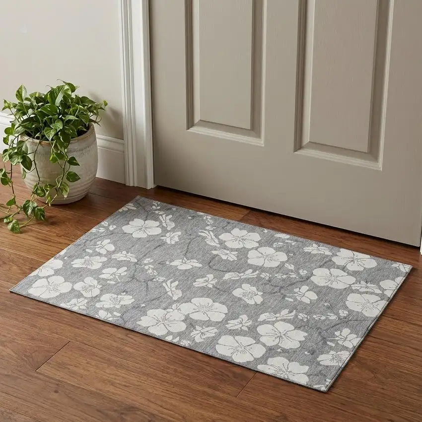 Gray And Ivory Floral Washable Area Rug With UV Protection Photo 1