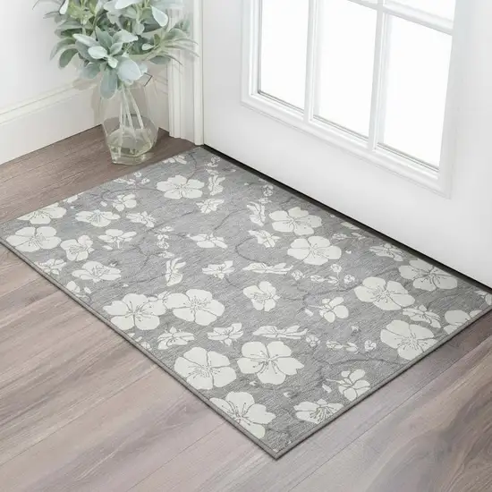 Gray And Ivory Floral Washable Area Rug With UV Protection Photo 2