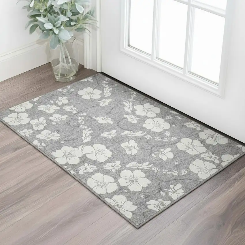 Gray And Ivory Floral Washable Area Rug With UV Protection Photo 2