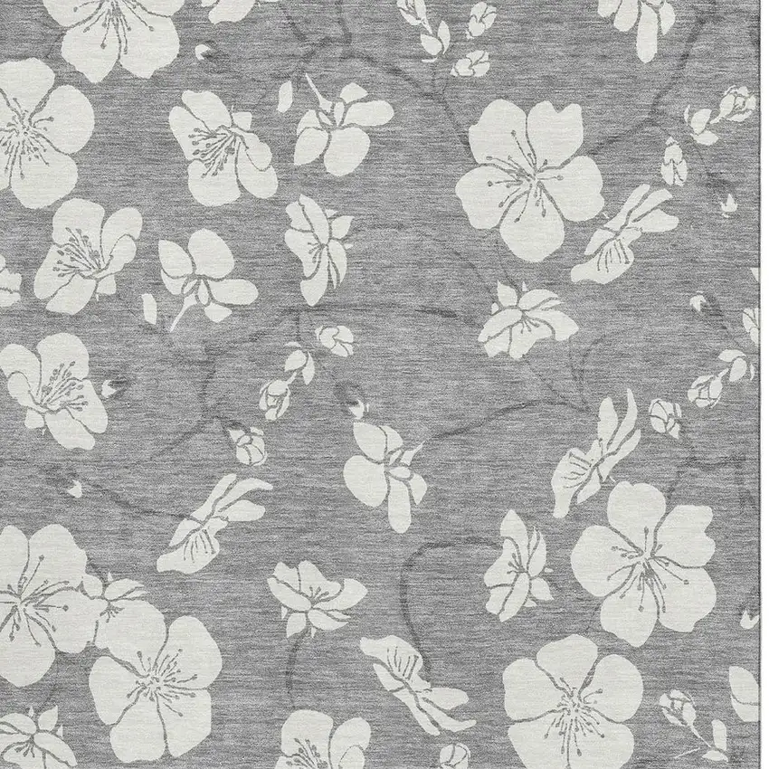 Gray And Ivory Floral Washable Area Rug With UV Protection Photo 3