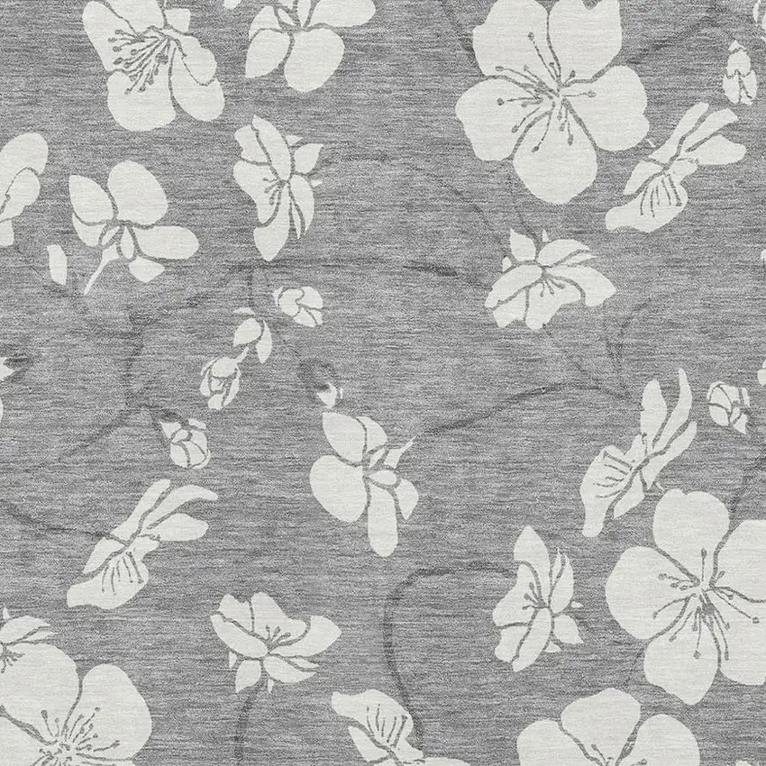 Gray And Ivory Floral Washable Area Rug With UV Protection Photo 2