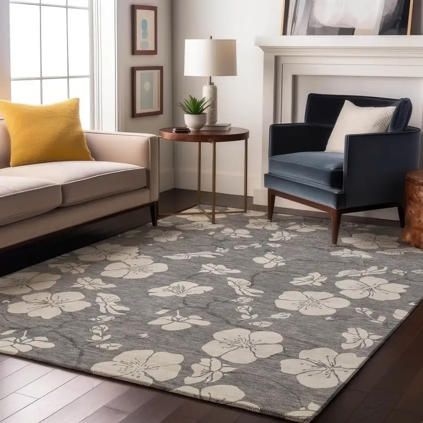 Gray And Ivory Floral Washable Area Rug With UV Protection Photo 4