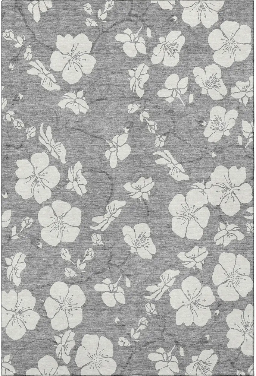 Gray And Ivory Floral Washable Area Rug With UV Protection Photo 2