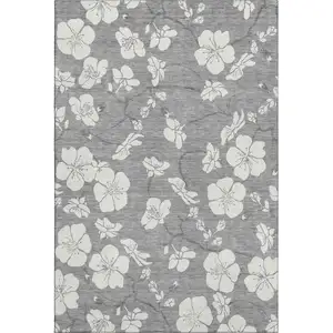Photo of Gray And Ivory Floral Washable Area Rug With UV Protection