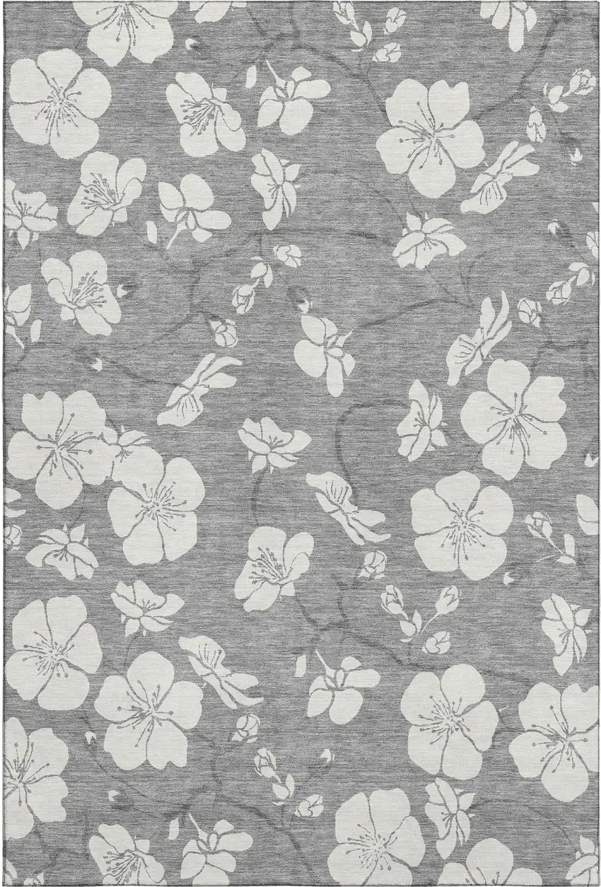 Gray And Ivory Floral Washable Area Rug With UV Protection Photo 1