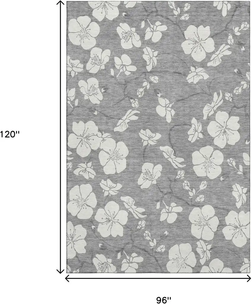 Gray And Ivory Floral Washable Area Rug With UV Protection Photo 9