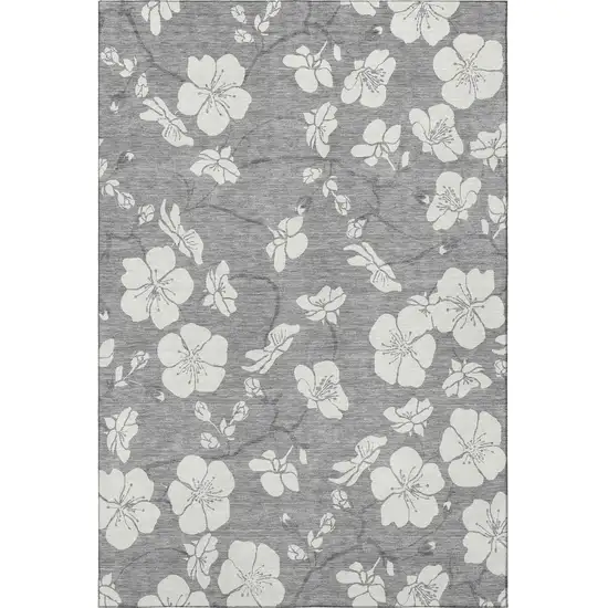 Gray And Ivory Floral Washable Area Rug With UV Protection Photo 2