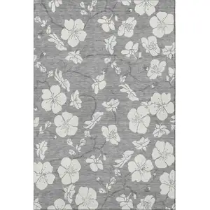 Photo of Gray And Ivory Floral Washable Area Rug With UV Protection