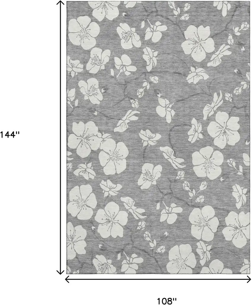 Gray And Ivory Floral Washable Area Rug With UV Protection Photo 9