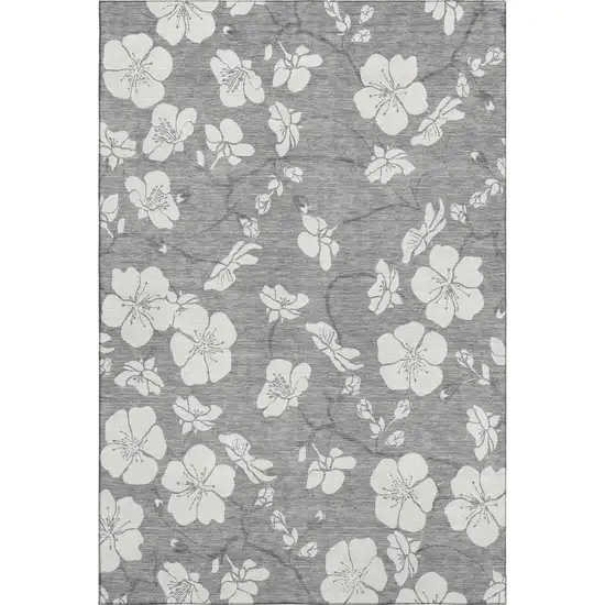 Gray And Ivory Floral Washable Area Rug With UV Protection Photo 1