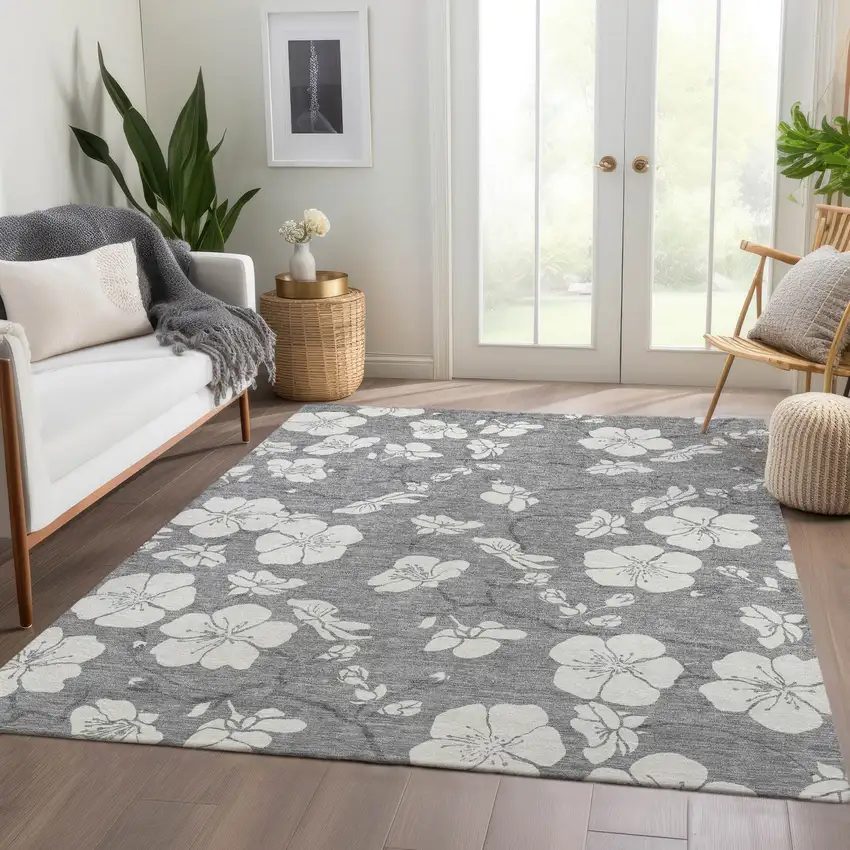 Gray And Ivory Floral Washable Area Rug With UV Protection Photo 4