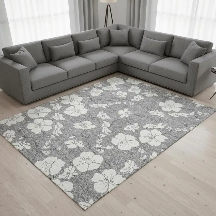 Gray And Ivory Floral Washable Area Rug With UV Protection Photo 2