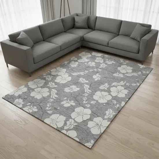 Gray And Ivory Floral Washable Area Rug With UV Protection Photo 2