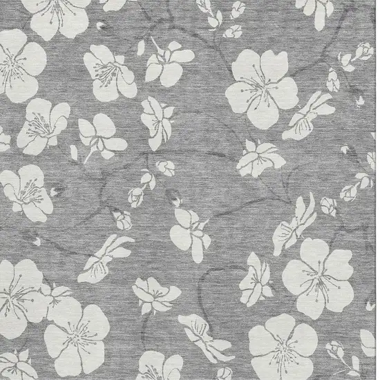 Gray And Ivory Floral Washable Area Rug With UV Protection Photo 2