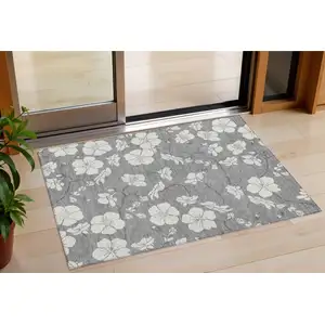 Photo of Gray And Ivory Floral Washable Indoor Outdoor Area Rug