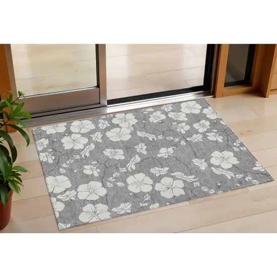 Gray And Ivory Floral Washable Indoor Outdoor Area Rug Photo 1