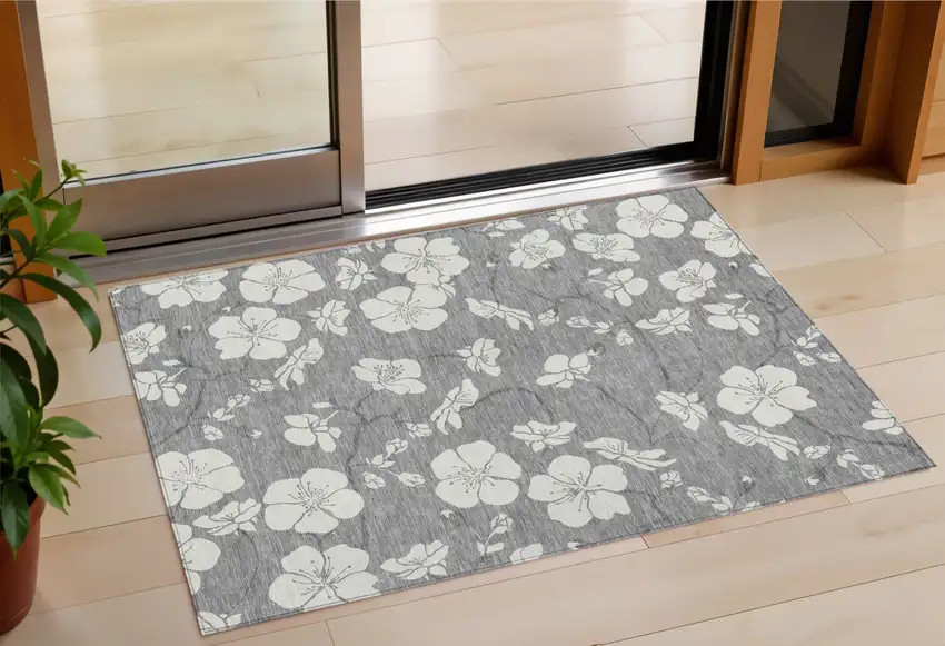 Gray And Ivory Floral Washable Indoor Outdoor Area Rug Photo 1